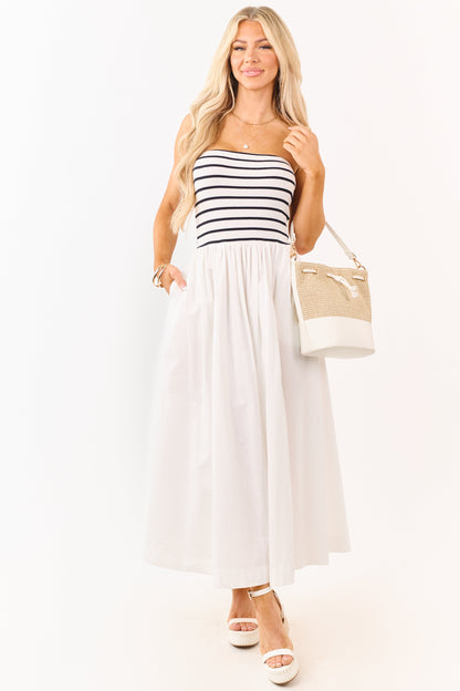 Ivory and Black Striped Strapless Cotton Maxi Dress