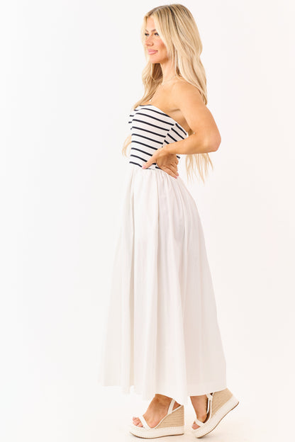 Ivory and Black Striped Strapless Cotton Maxi Dress