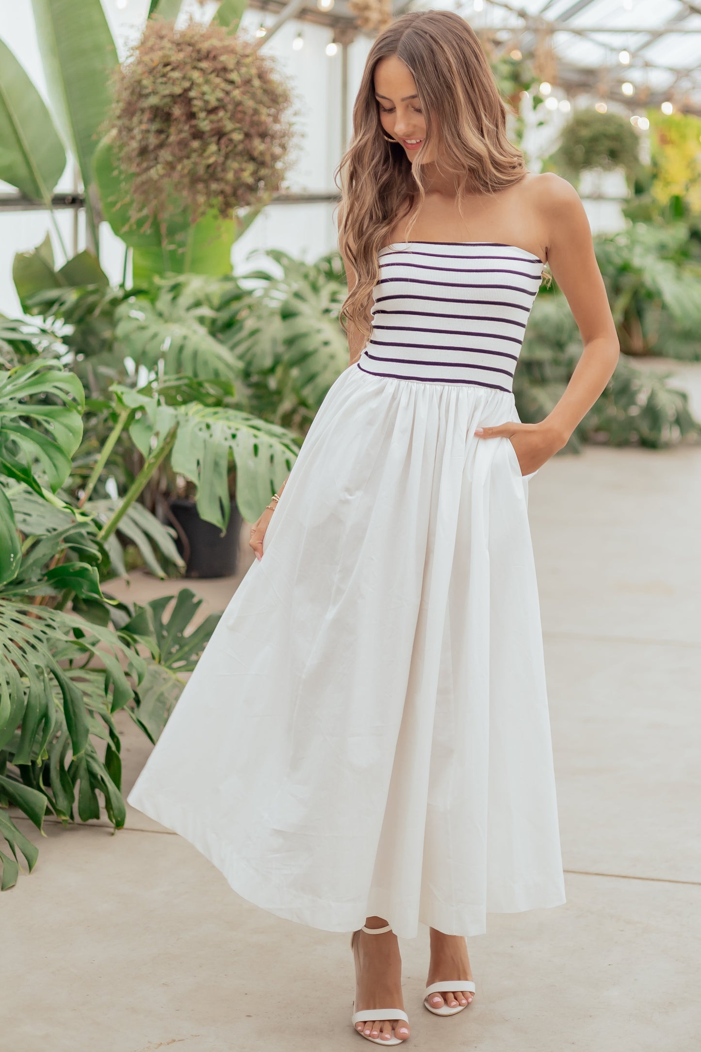 Ivory and Black Striped Strapless Cotton Maxi Dress
