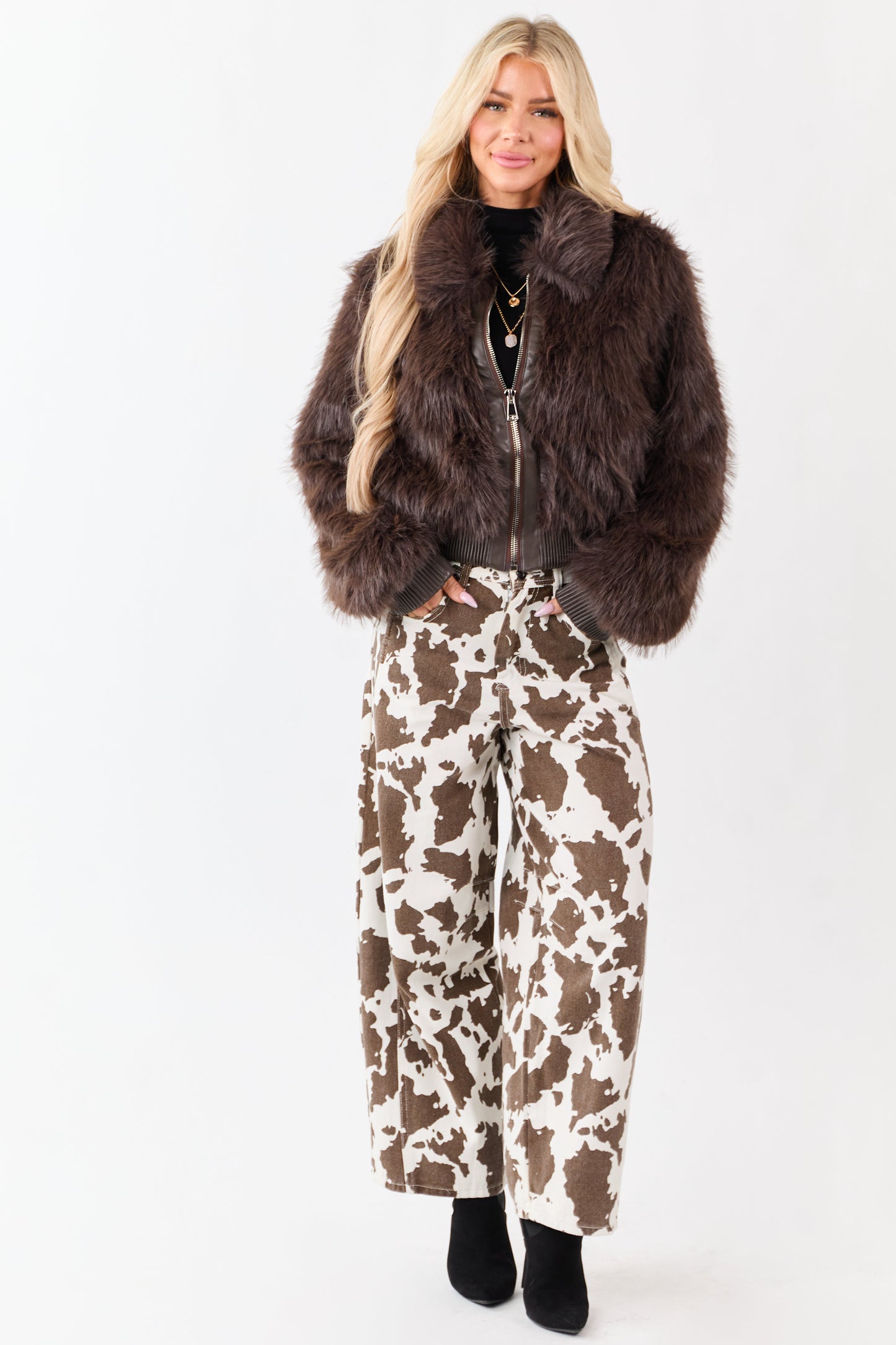 Ivory and Cocoa Washed Cow Print Barrel Jeans