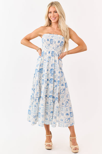 Ivory and Cornflower Vacation Print Midi Dress
