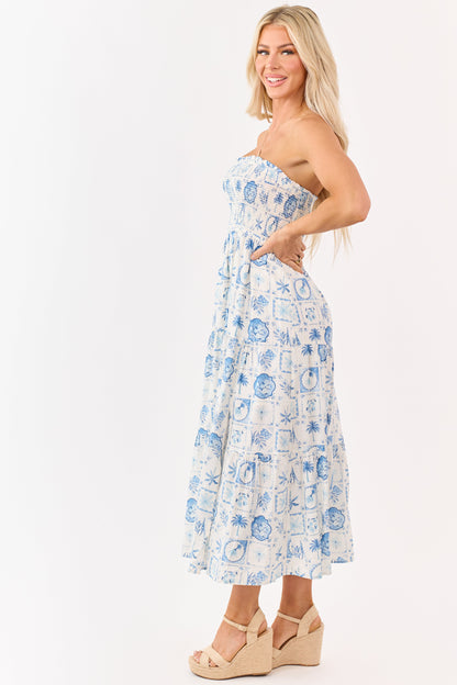 Ivory and Cornflower Vacation Print Midi Dress