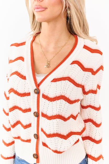 Ivory and Rust Chevron Striped Cotton Cardigan