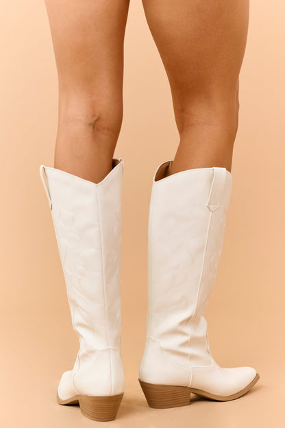 Ivory Faux Leather Western Embroidered Tall Boots