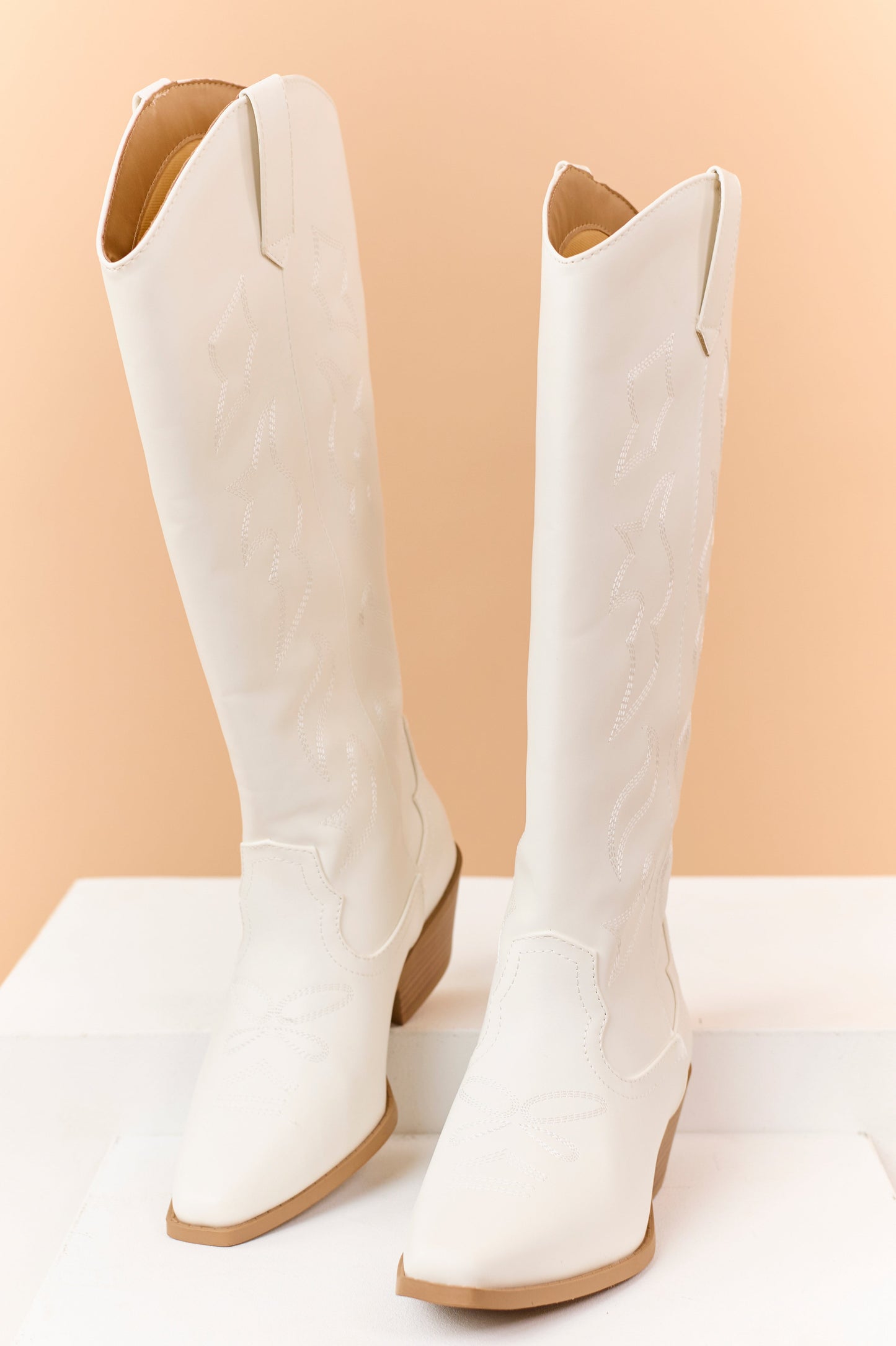 Ivory Faux Leather Western Embroidered Tall Boots
