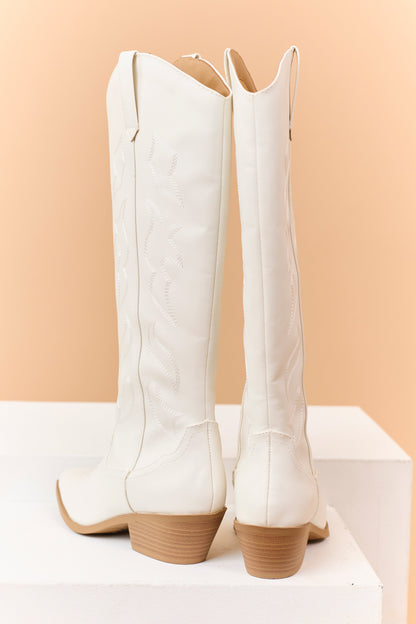 Ivory Faux Leather Western Embroidered Tall Boots