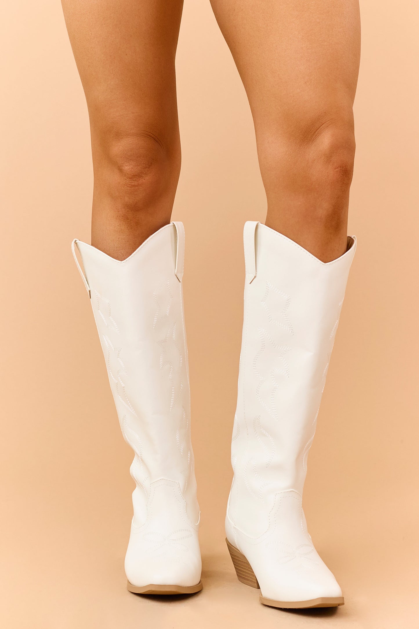 Ivory Faux Leather Western Embroidered Tall Boots