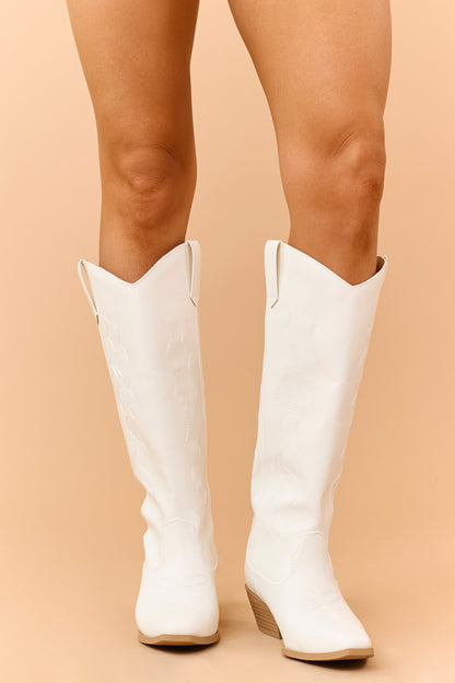 Ivory Faux Leather Western Embroidered Tall Boots