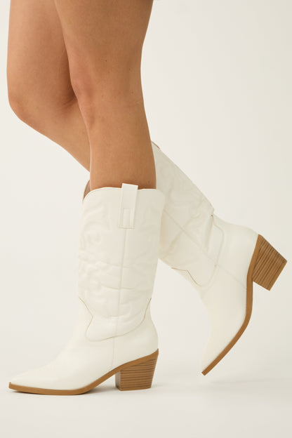 Ivory Faux Leather Pointed Toe Western Boots