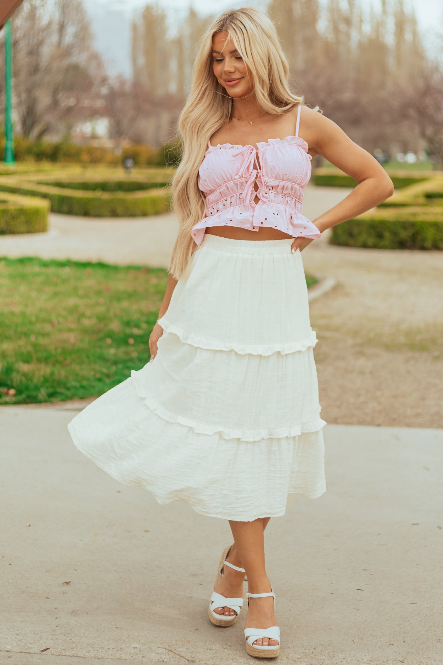 Ivory Tiered Frill Smocked Waist Midi Skirt
