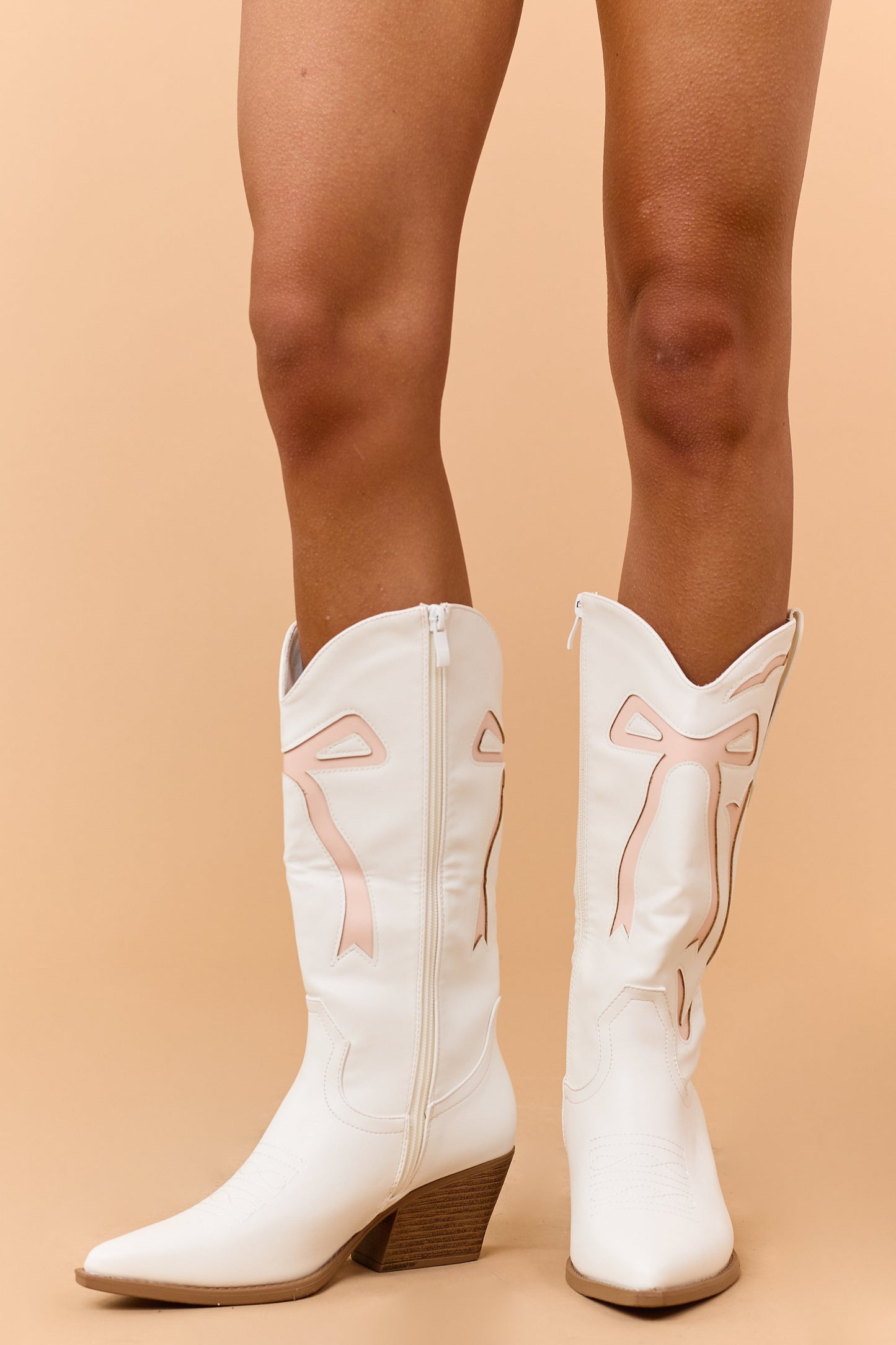 Ivory and Blush Faux Leather Western Style Boots