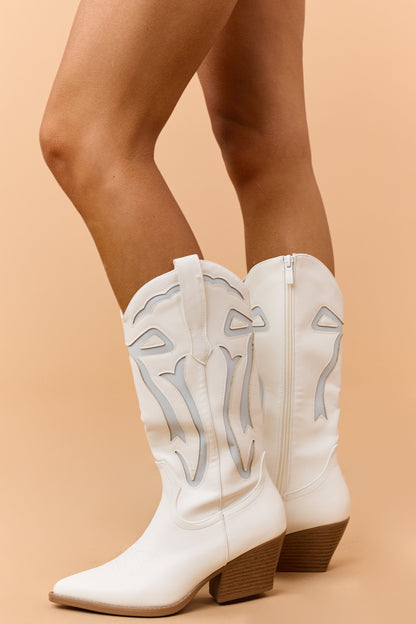 Ivory and Powder Blue Faux Leather Western Style Boots