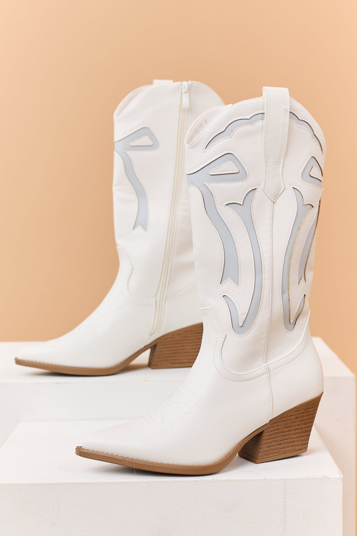 Ivory and Powder Blue Faux Leather Western Style Boots