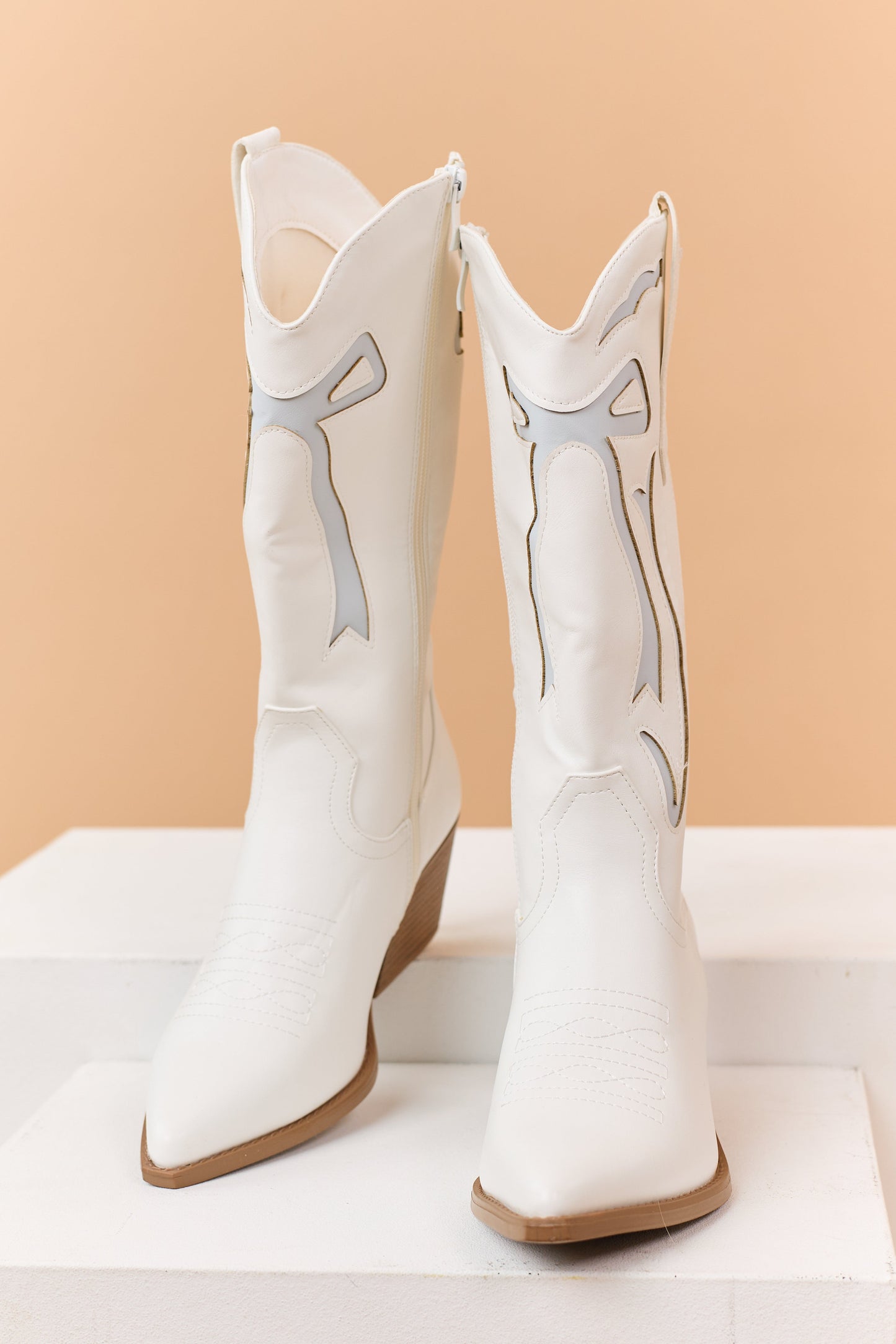 Ivory and Powder Blue Faux Leather Western Style Boots