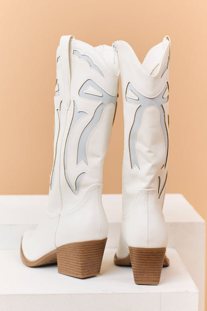 Ivory and Powder Blue Faux Leather Western Style Boots