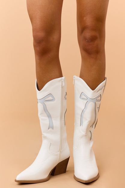 Ivory and Powder Blue Faux Leather Western Style Boots