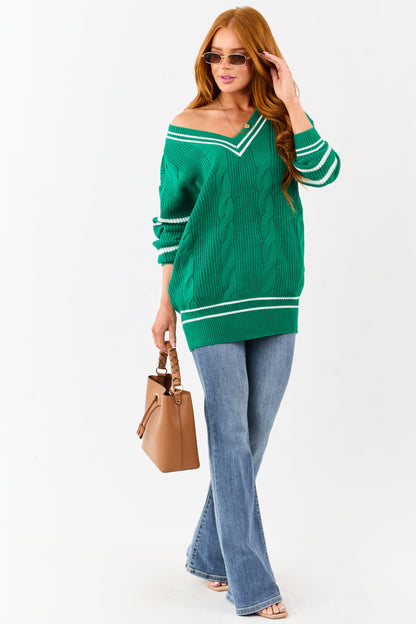 Jade Cable Knit Striped V-Neck Sweater