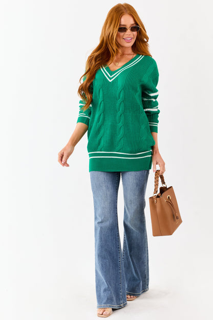 Jade Cable Knit Striped V-Neck Sweater