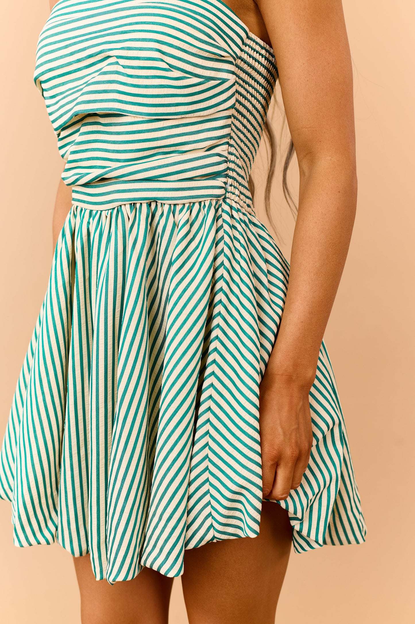 Jade Striped Bubble Hem Strapless Mini Dress