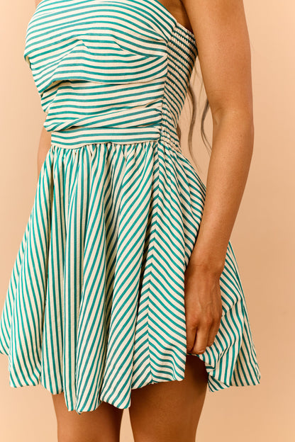 Jade Striped Bubble Hem Strapless Mini Dress