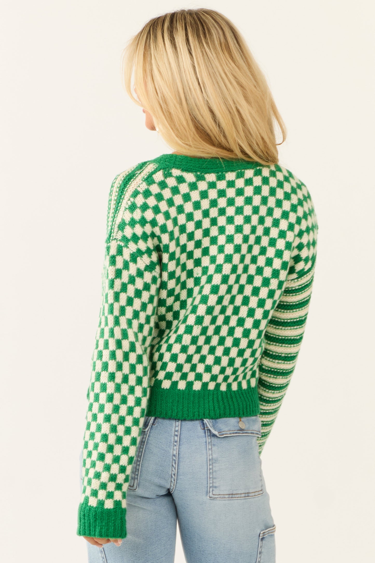 Jade and Cream Checkered and Stripe Print Cardigan