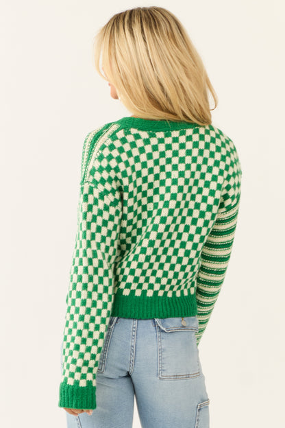 Jade and Cream Checkered and Stripe Print Cardigan
