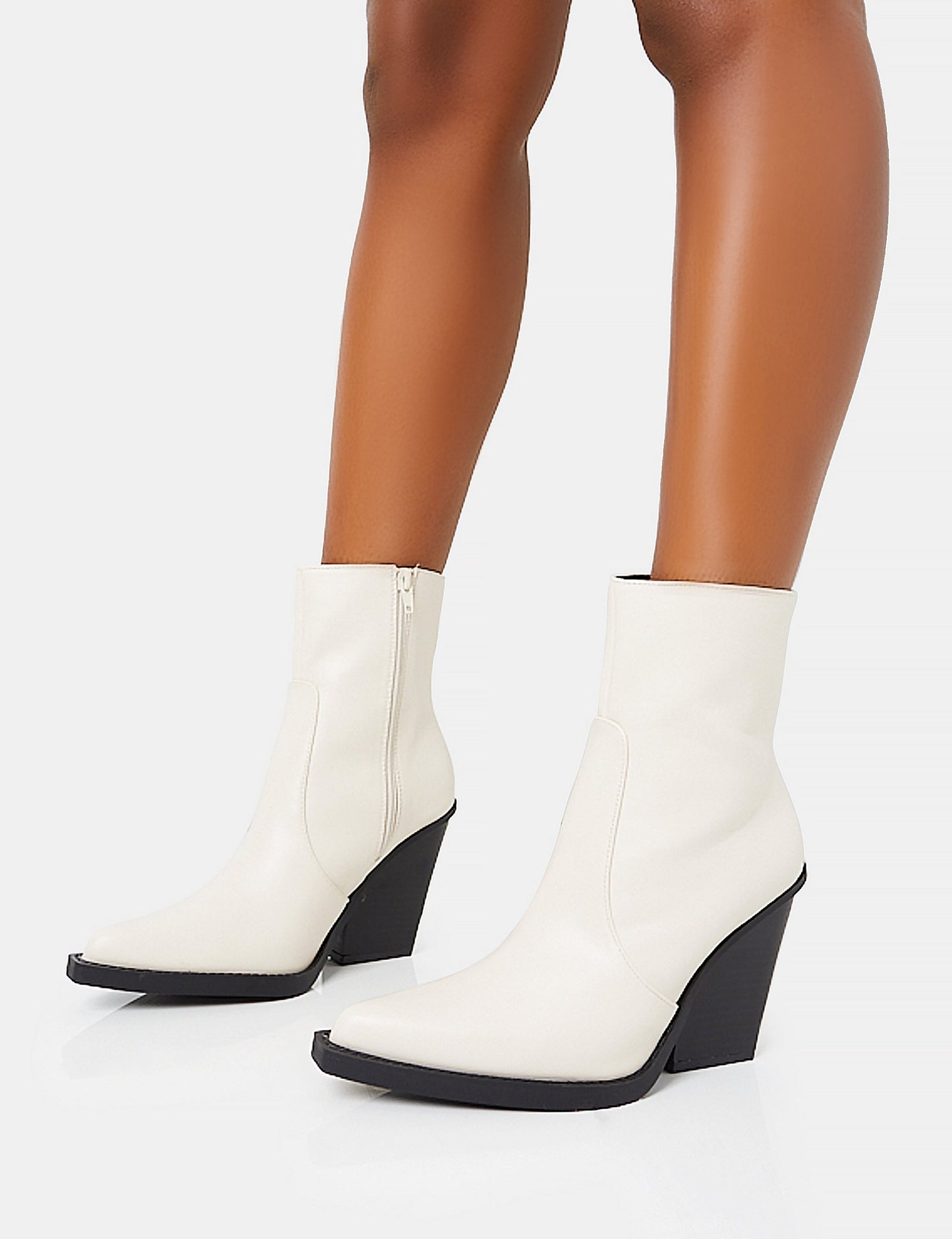 Jessie White Pu Western Black Contrast Sole Block Heeled Ankle Boots