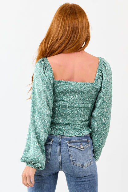 Juniper Abstract Print Satin Smocked Long Sleeve Top