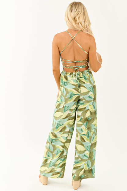 Juniper Tropical Print Wide Leg Lace Up Back Jumpsuit
