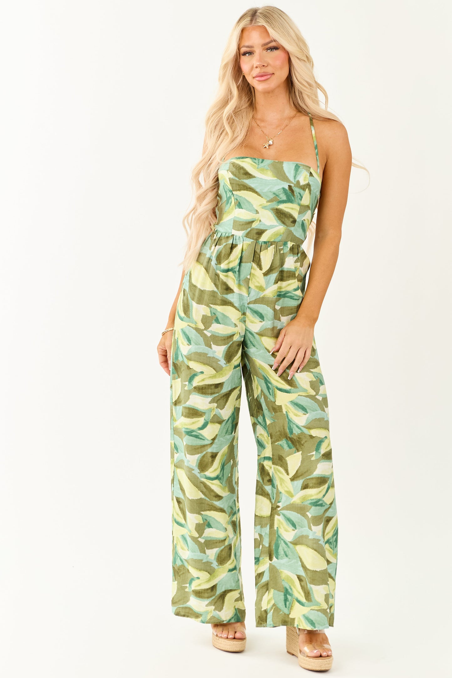 Juniper Tropical Print Wide Leg Lace Up Back Jumpsuit