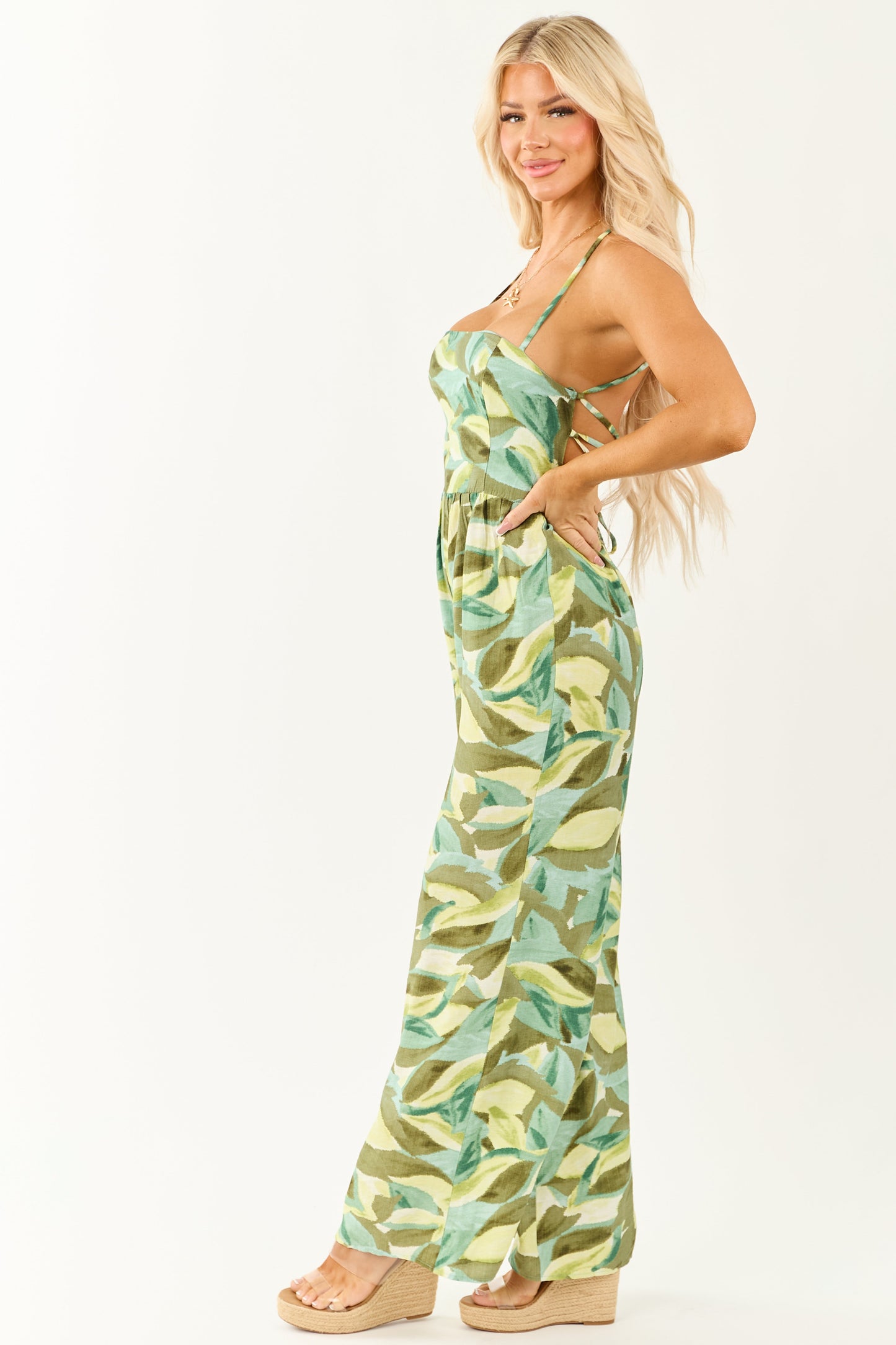 Juniper Tropical Print Wide Leg Lace Up Back Jumpsuit