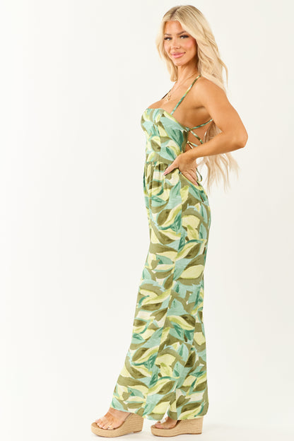 Juniper Tropical Print Wide Leg Lace Up Back Jumpsuit