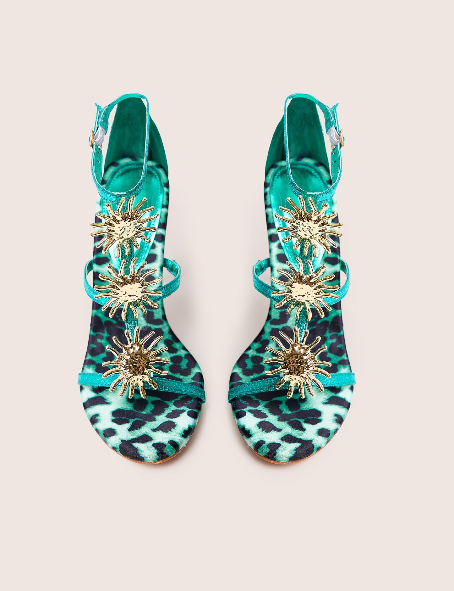 Kitten Green Metallic Sun Embellishment High Heels