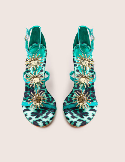 Kitten Green Metallic Sun Embellishment High Heels
