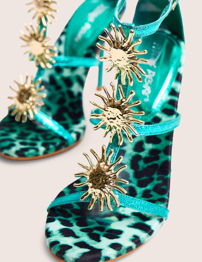 Kitten Green Metallic Sun Embellishment High Heels