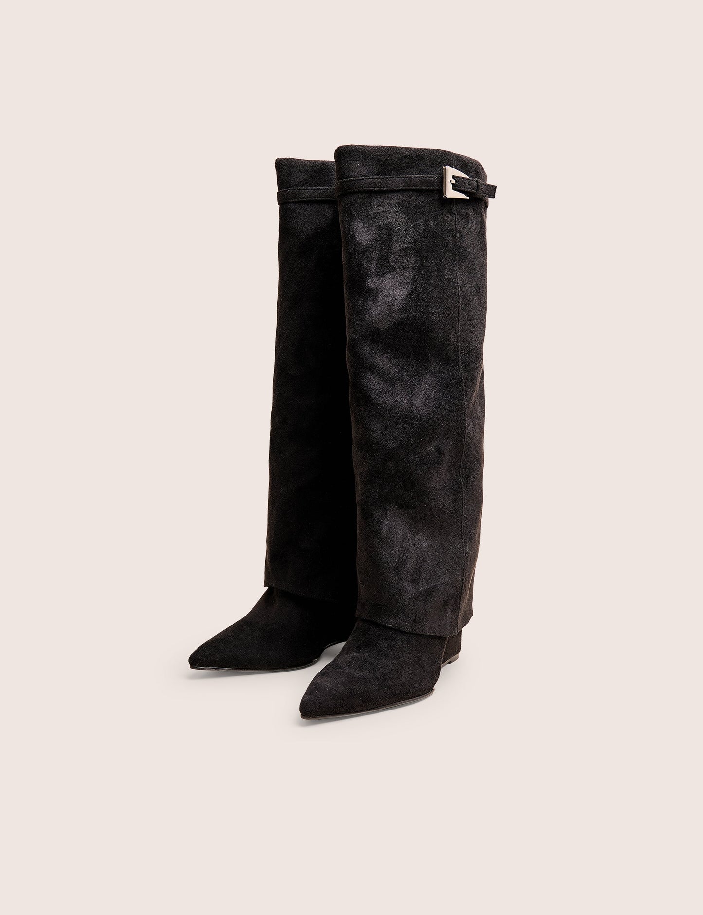 Kola Black Fold Over Buckle Detail Heeled Boots