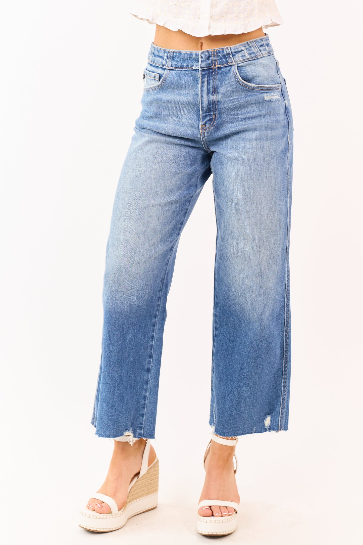 KanCan Medium Wash Cropped Wide Leg Stretchy Jeans