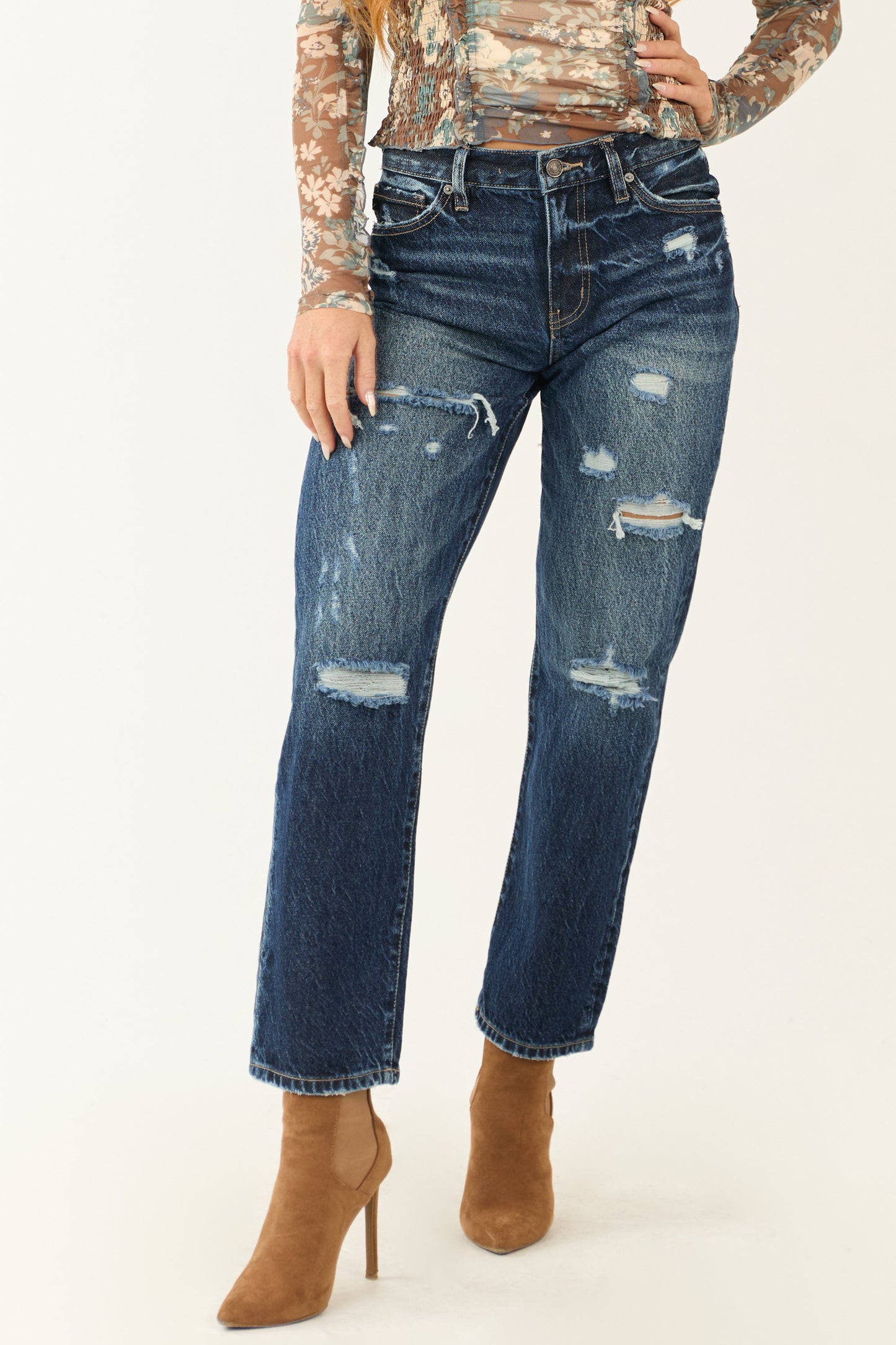 Kancan Dark Wash Denim Distressed Ankle Jeans