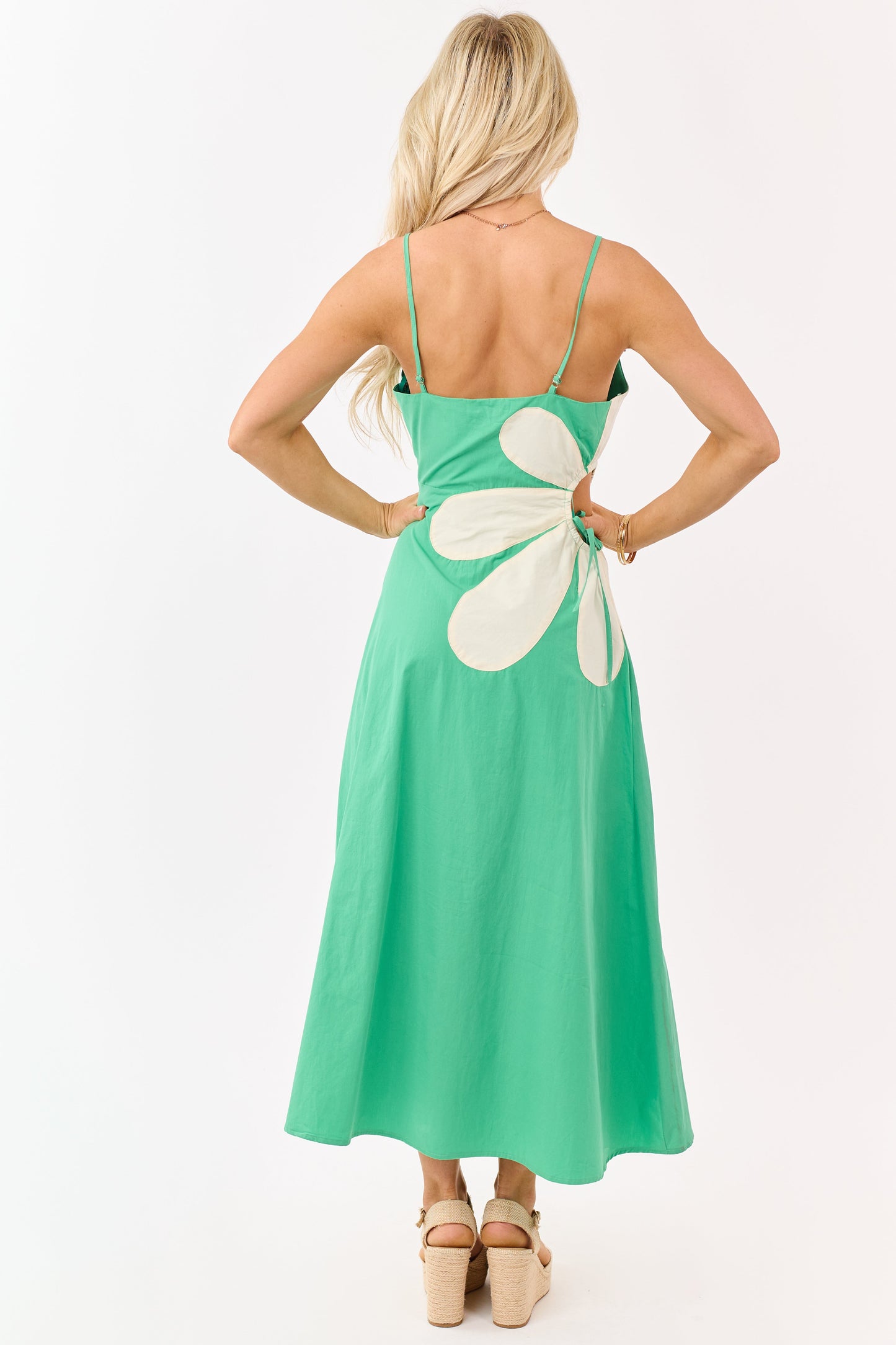 Kelly Green Cotton Side Cut Out Flower Midi Dress