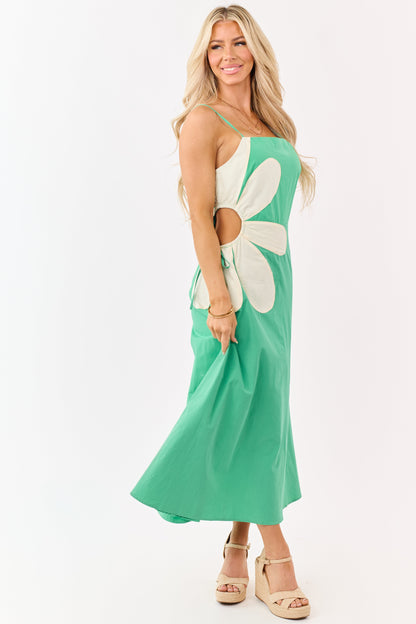 Kelly Green Cotton Side Cut Out Flower Midi Dress