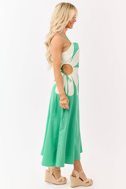 Kelly Green Cotton Side Cut Out Flower Midi Dress