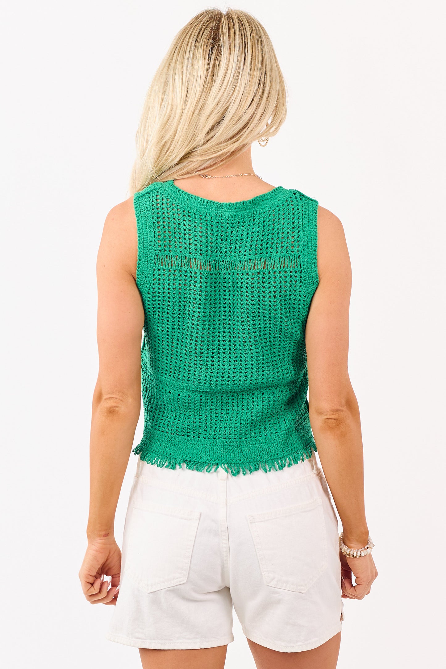 Kelly Green Crochet Knit Fringe Hem Tank Top