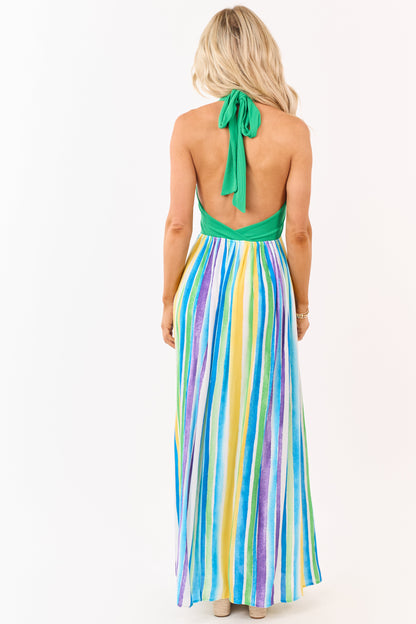 Kelly Green Halter Neck Contrast Striped Maxi Dress