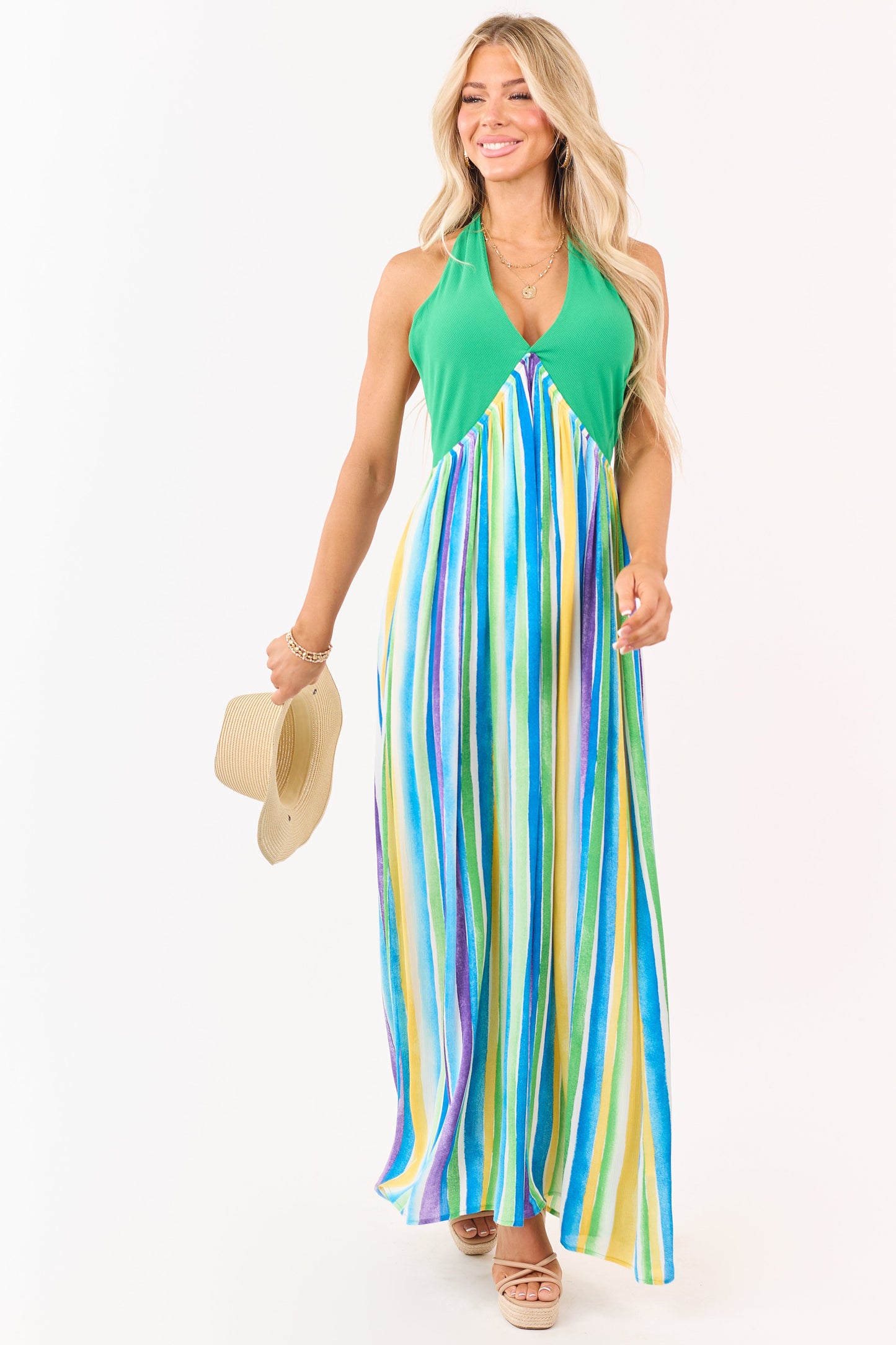 Kelly Green Halter Neck Contrast Striped Maxi Dress