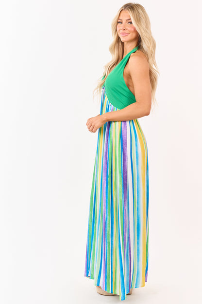 Kelly Green Halter Neck Contrast Striped Maxi Dress