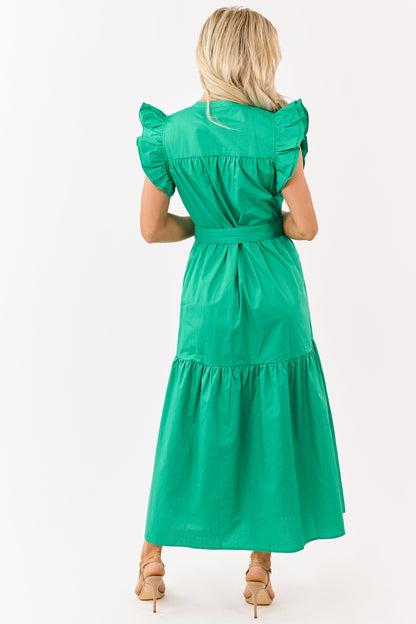 Kelly Green Ruffle Sleeve Smocked Cotton Midi Dress
