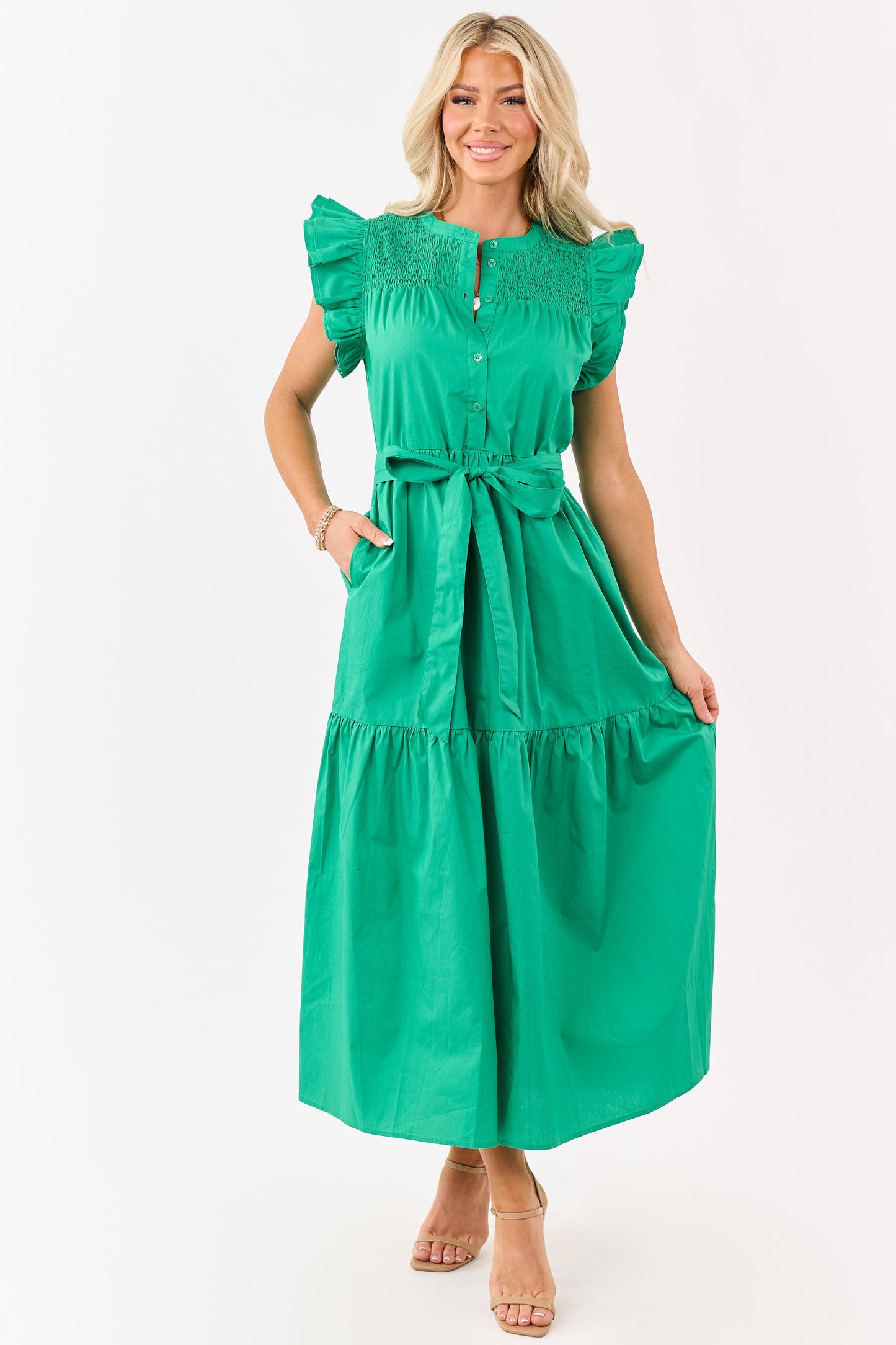 Kelly Green Ruffle Sleeve Smocked Cotton Midi Dress