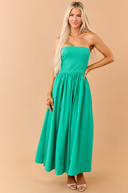 Kelly Green Strapless Knit Contrast Cotton Maxi Dress