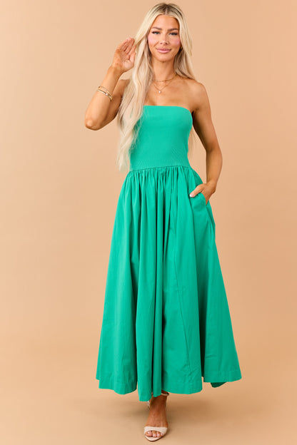 Kelly Green Strapless Knit Contrast Cotton Maxi Dress
