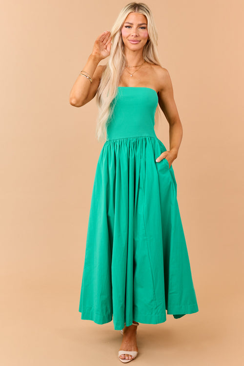 Kelly Green Strapless Knit Contrast Cotton Maxi Dress